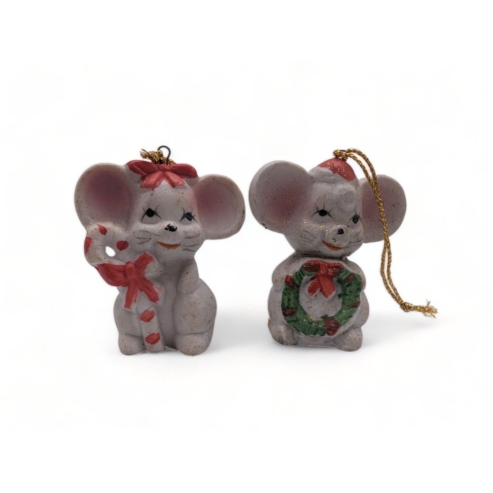 Vintage Around the World porcelain Bisque Christmas Mice Ornaments set of 2 - Picture 8 of 9
